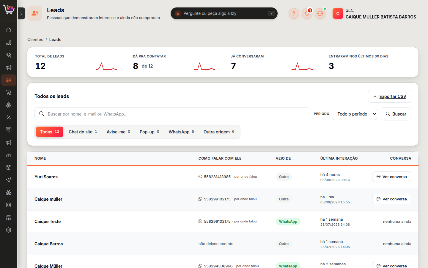 Lista de leads, com os quatro indicadores e os filtros por origem
