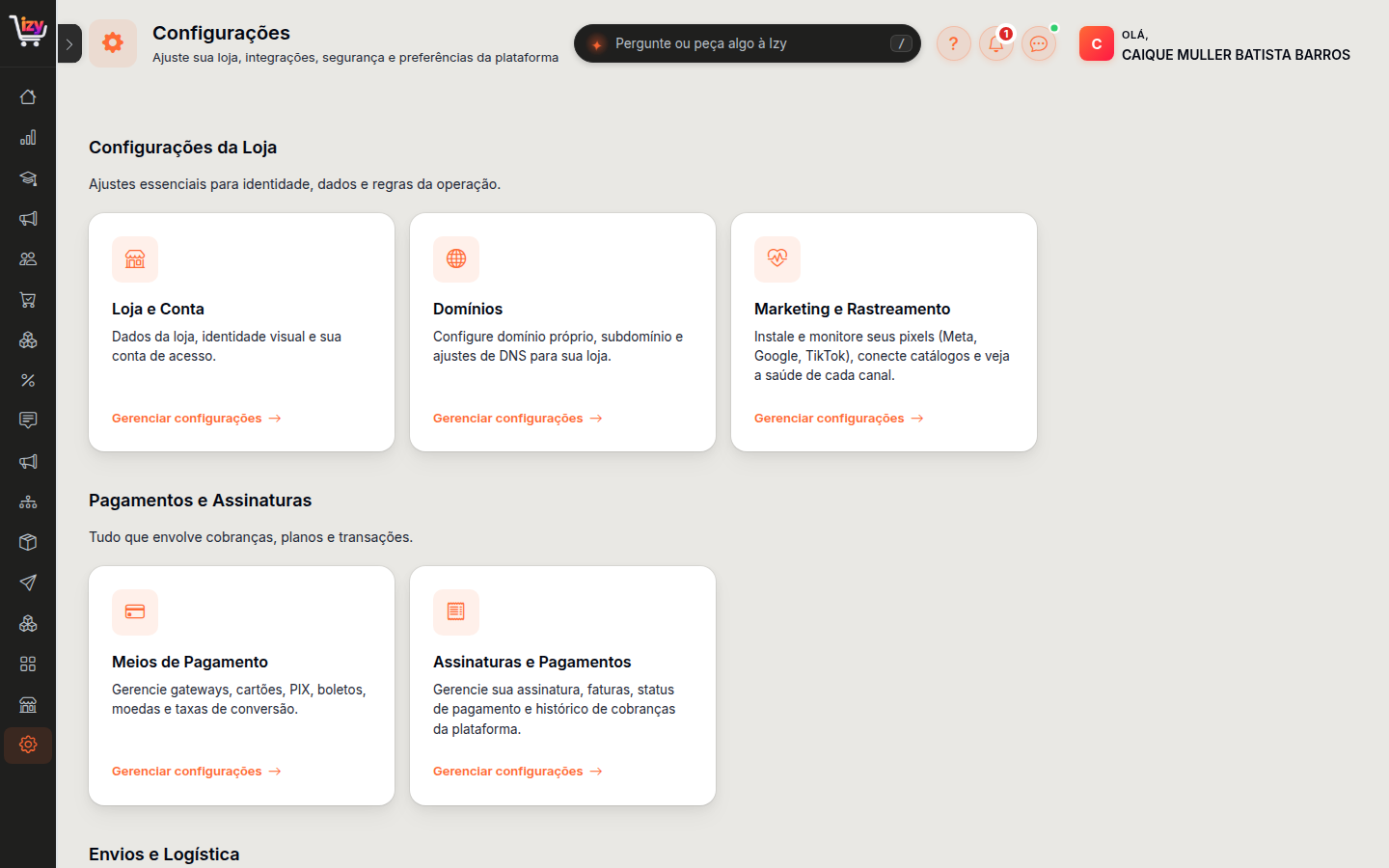 As configurações agrupadas por área