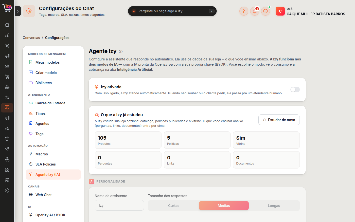 Configuração do Agente Izy, com o que ela já estudou