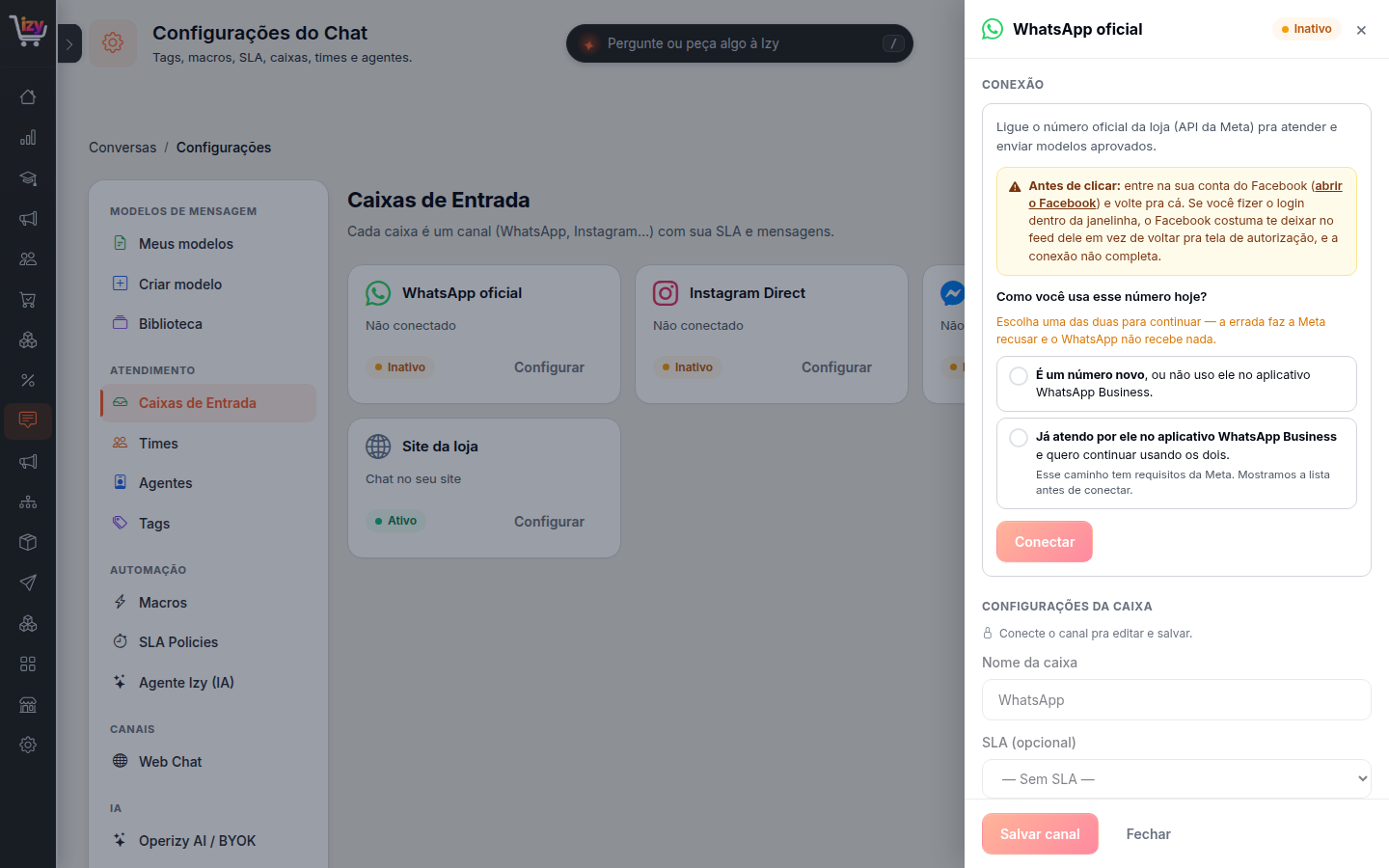O painel de conexão do WhatsApp, com a pergunta sobre como você usa o número hoje