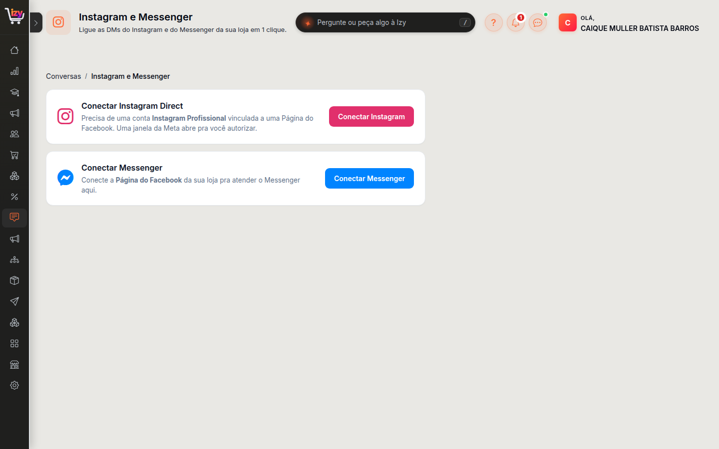 Tela de conexão do Instagram e Messenger