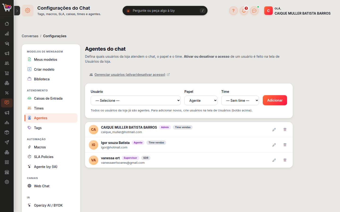Aba de agentes, com papel e time de cada um