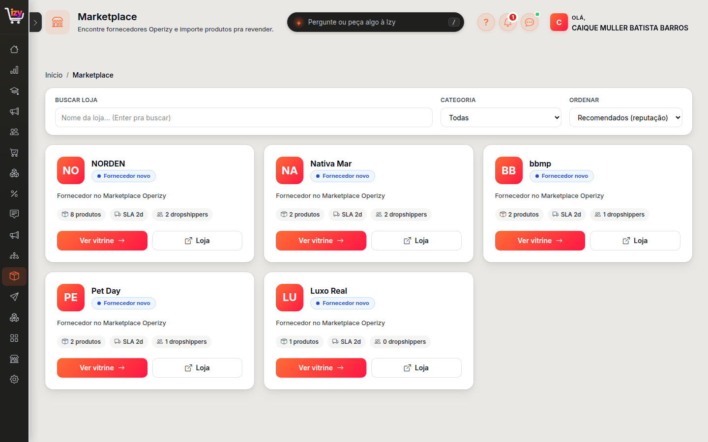 Marketplace de fornecedores, com filtros e SLA