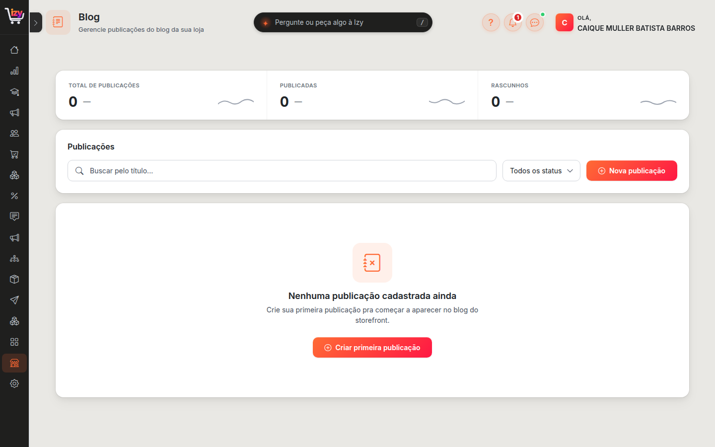 Tela do blog, com os contadores e a lista de publicações