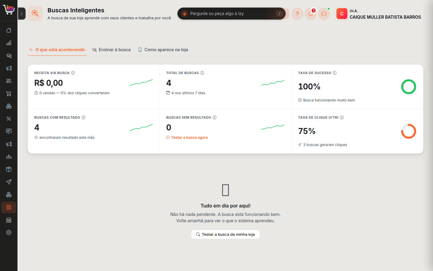 Painel de buscas, com taxa de sucesso e buscas sem resultado
