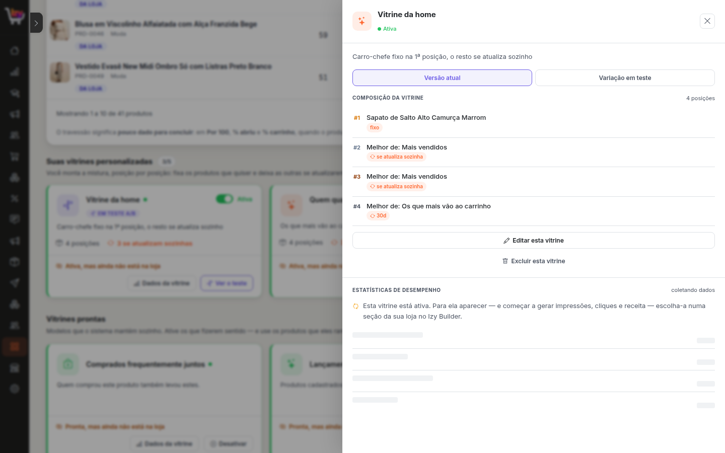 A composição de uma vitrine: posição 1 com produto fixo e as demais marcadas "se atualiza sozinha"