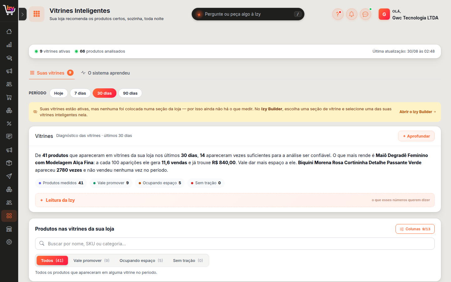 A tela de Vitrines Inteligentes, com o diagnóstico das vitrines e a tabela de desempenho por produto