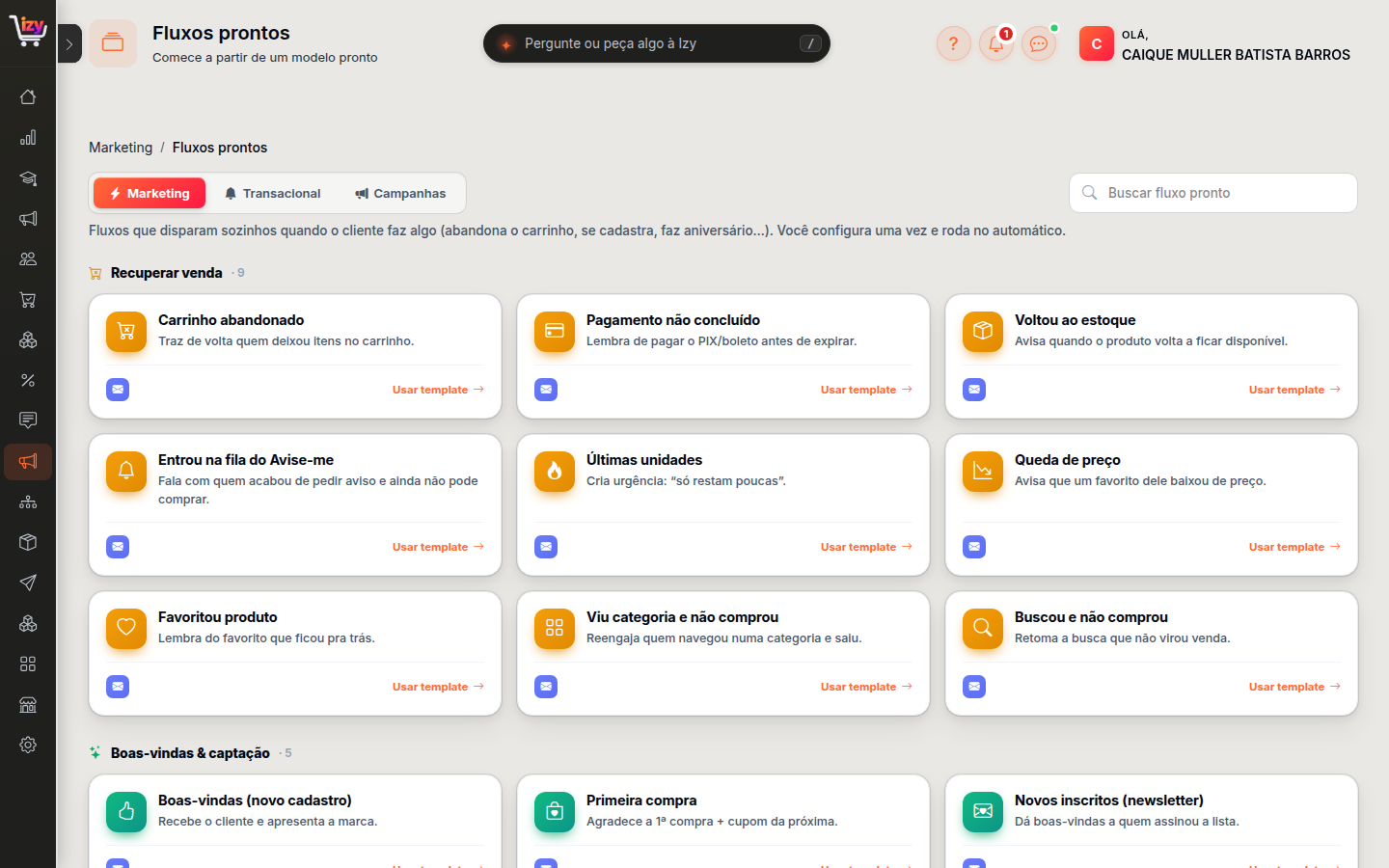 Galeria de fluxos prontos, agrupados por objetivo