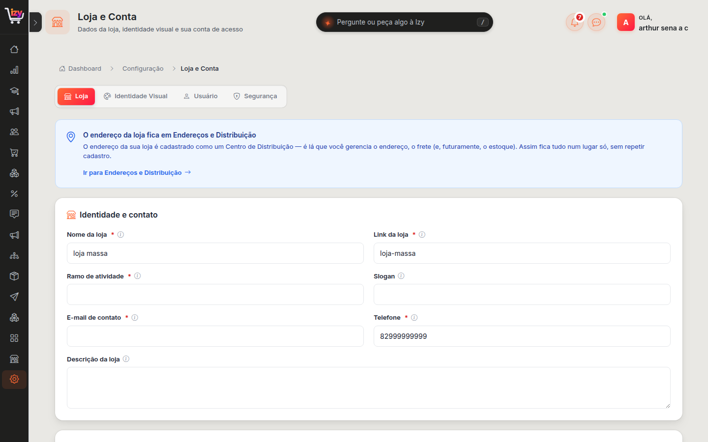 Tela Loja e Conta com as quatro abas e o card Identidade e contato