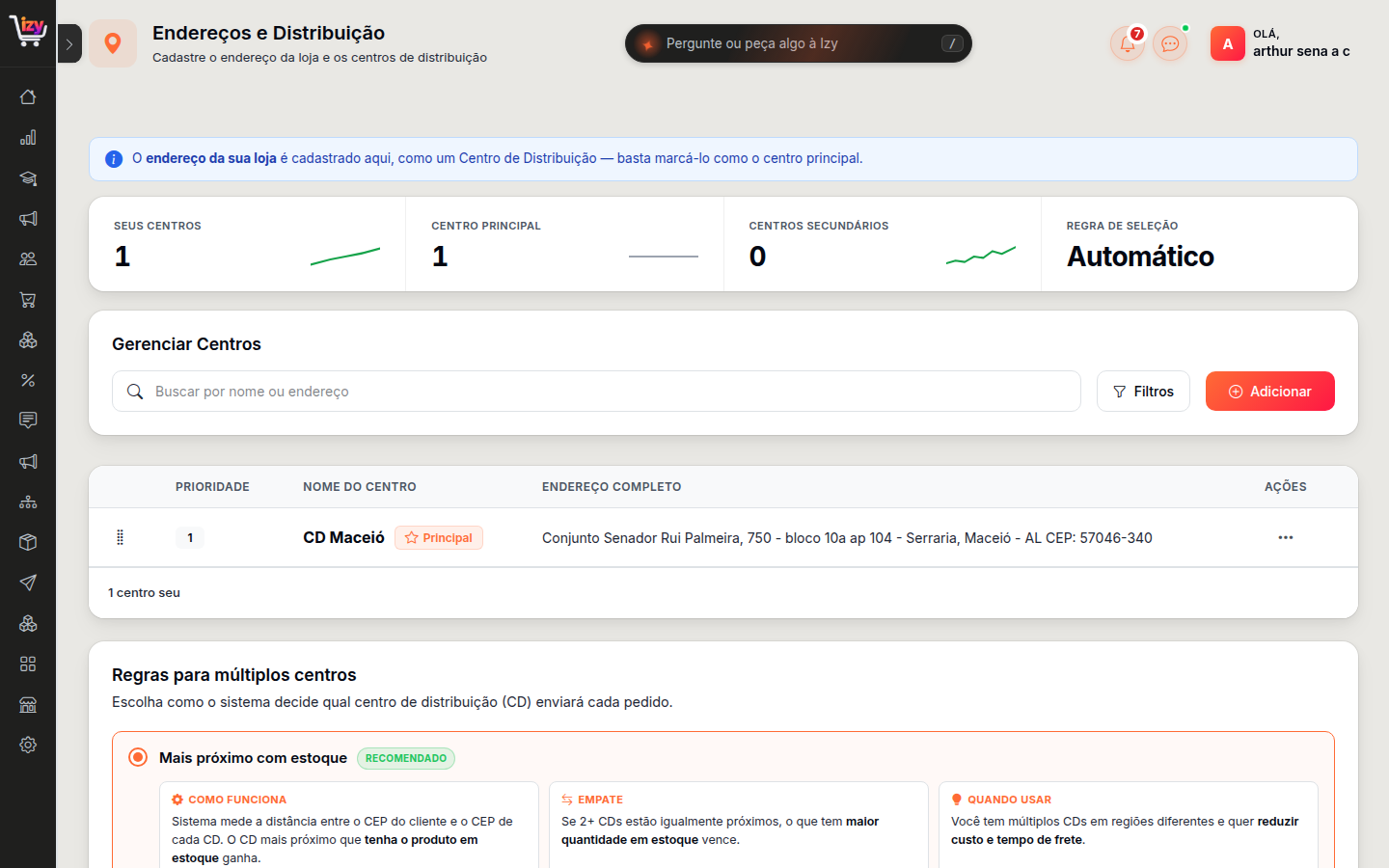Tela Endereços e Distribuição com o botão Adicionar e a tabela de centros