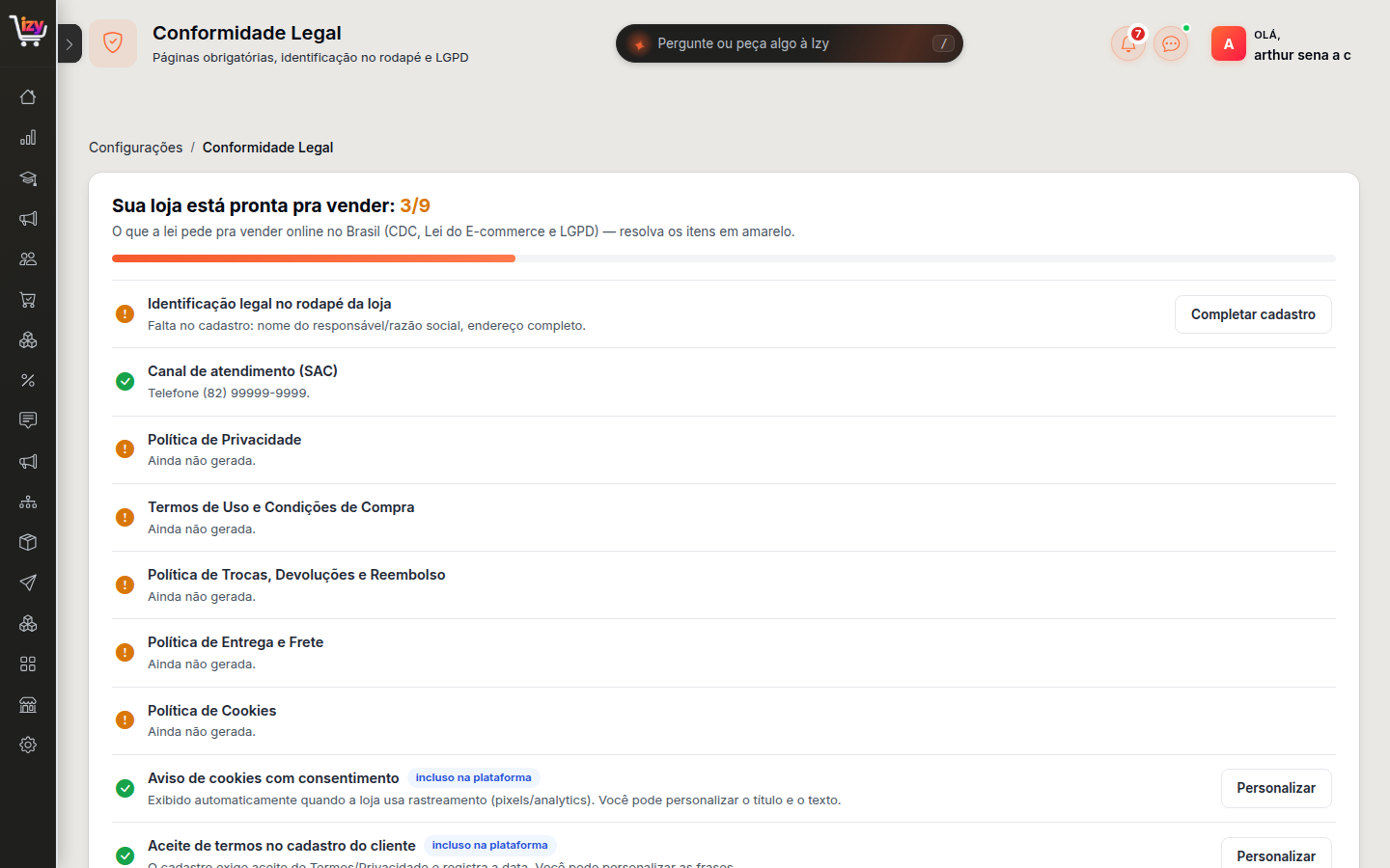 Tela de Conformidade Legal com o placar 3/9 e a lista dos nove itens