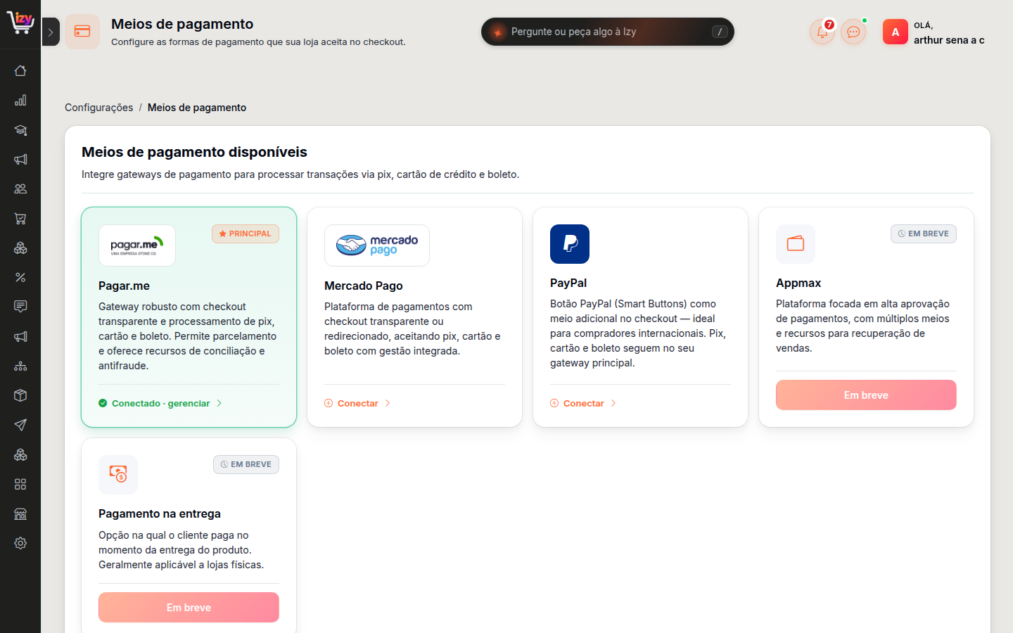 Tela Meios de pagamento com os cards Pagar.me, Mercado Pago, PayPal e Appmax