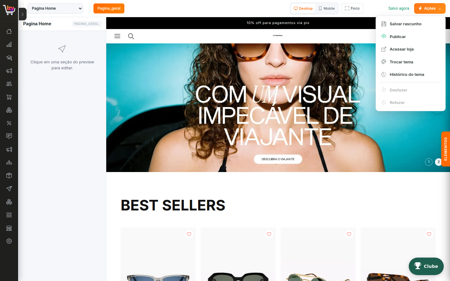 Menu Ações aberto no Izy Builder, com as opções Salvar rascunho, Publicar, Acessar loja, Trocar tema e Histórico do tema