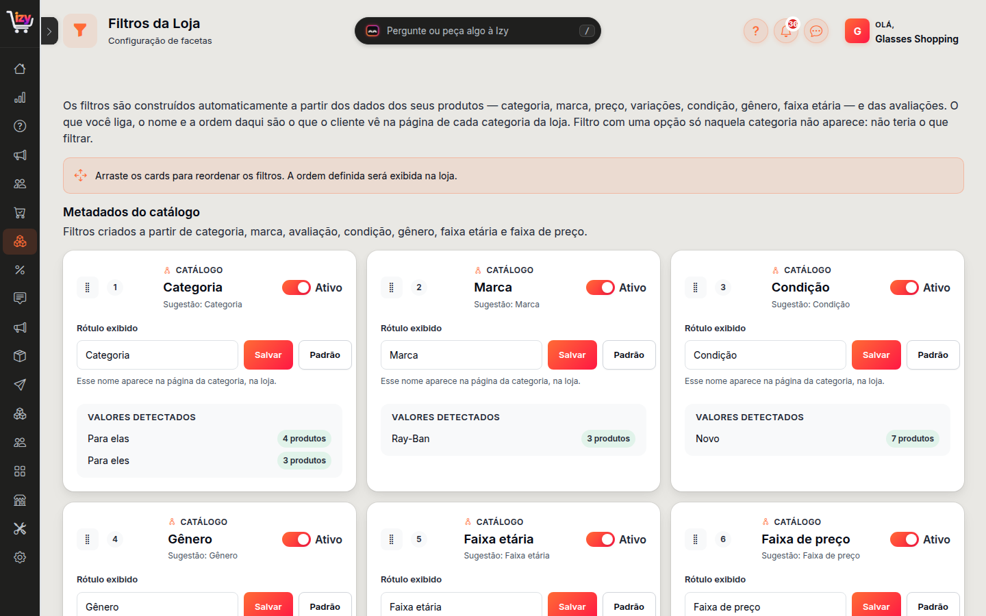 Tela Filtros da Loja com os cartões Categoria, Marca e Condição, cada um com o interruptor Ativo, o Rótulo exibido e os Valores detectados
