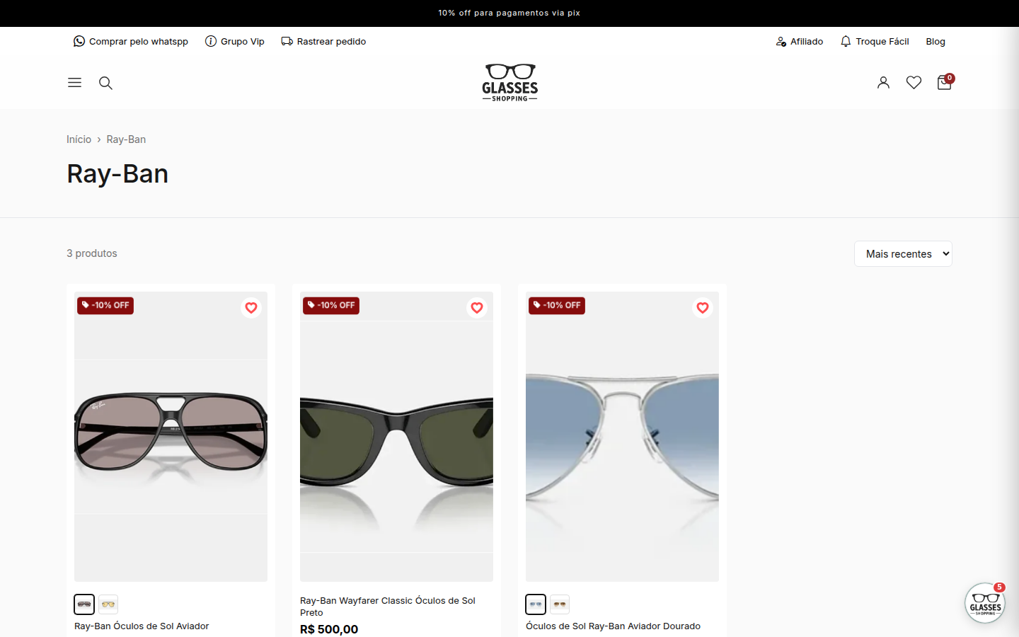 Página da marca Ray-Ban na loja, com o título e os 3 produtos dela