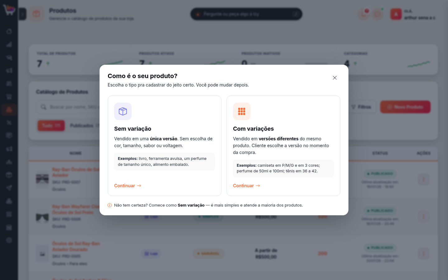 Modal Como é o seu produto, com as opções Sem variação e Com variações