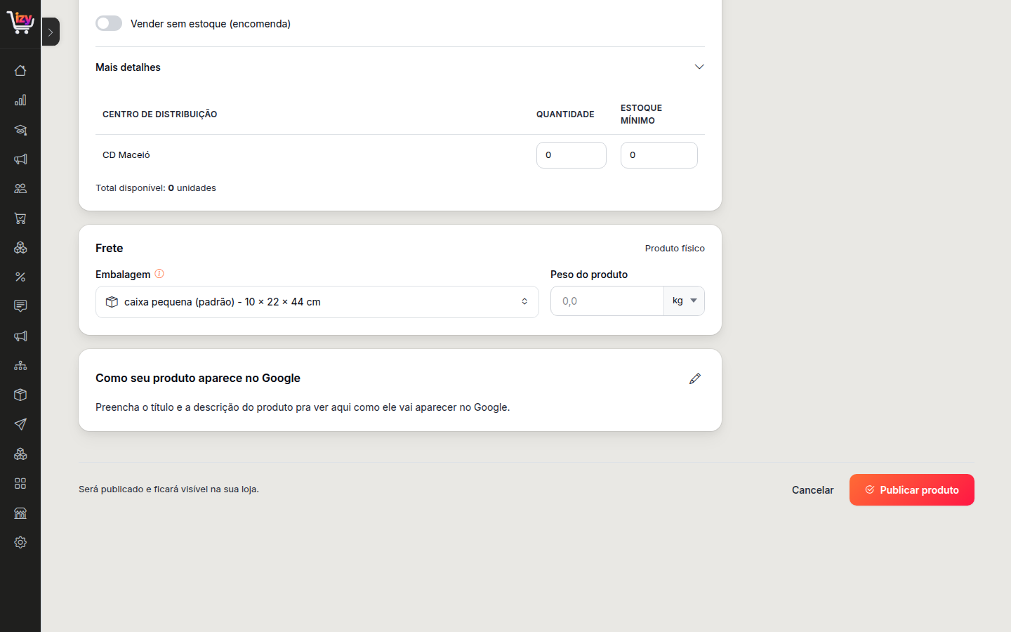 Card Frete com Embalagem e Peso do produto, e o card de preview do Google