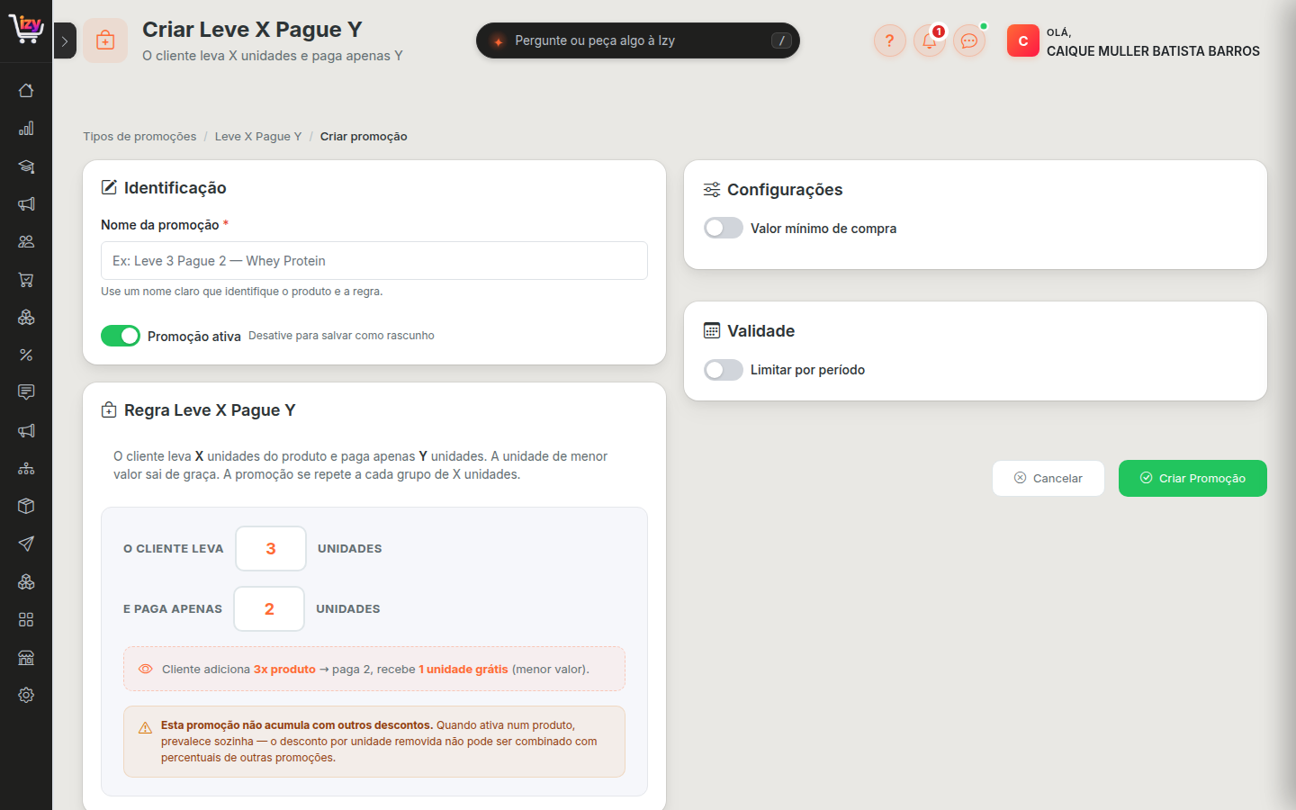 Formulário de criação do Leve X Pague Y