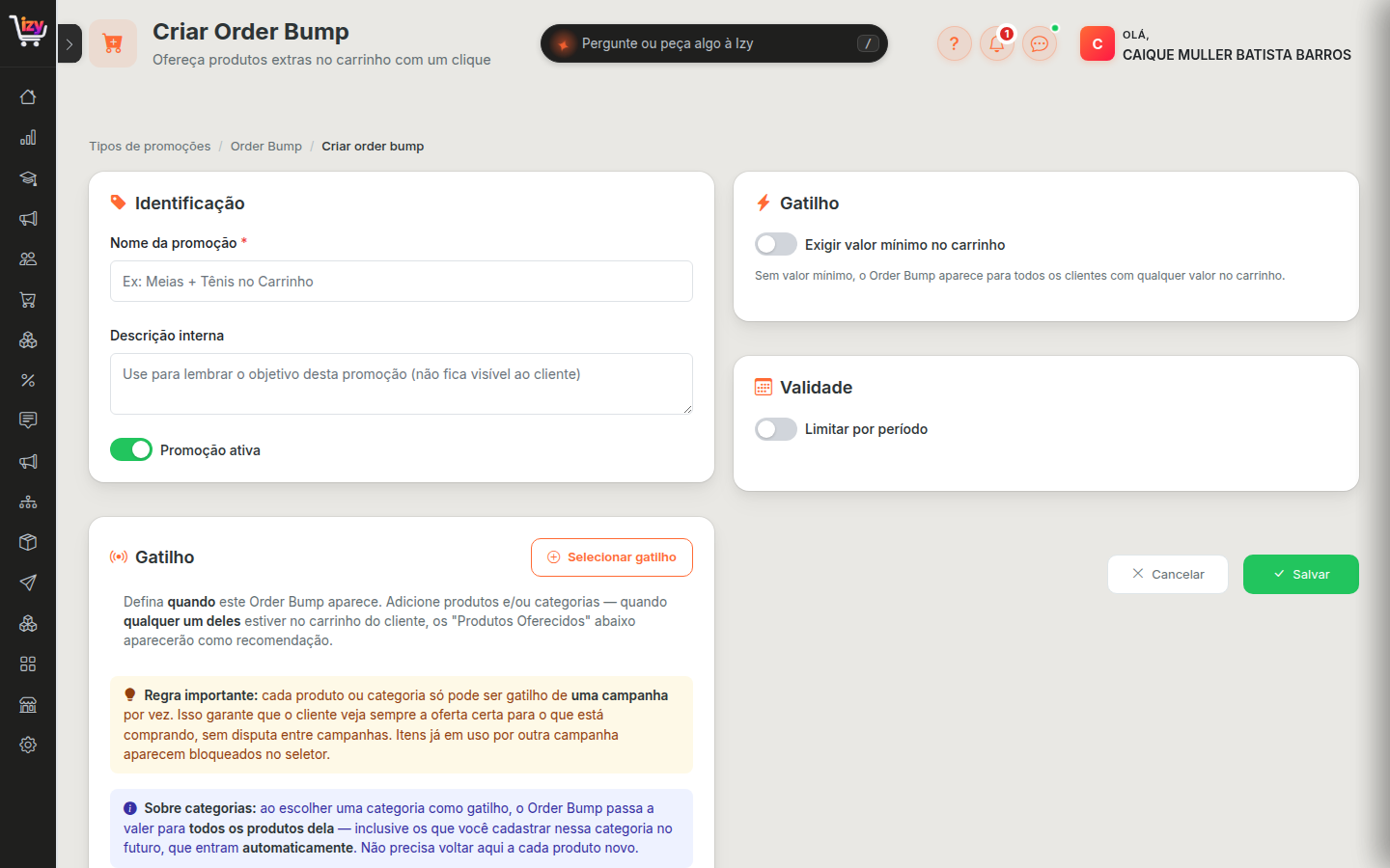 Formulário de criação do Order Bump