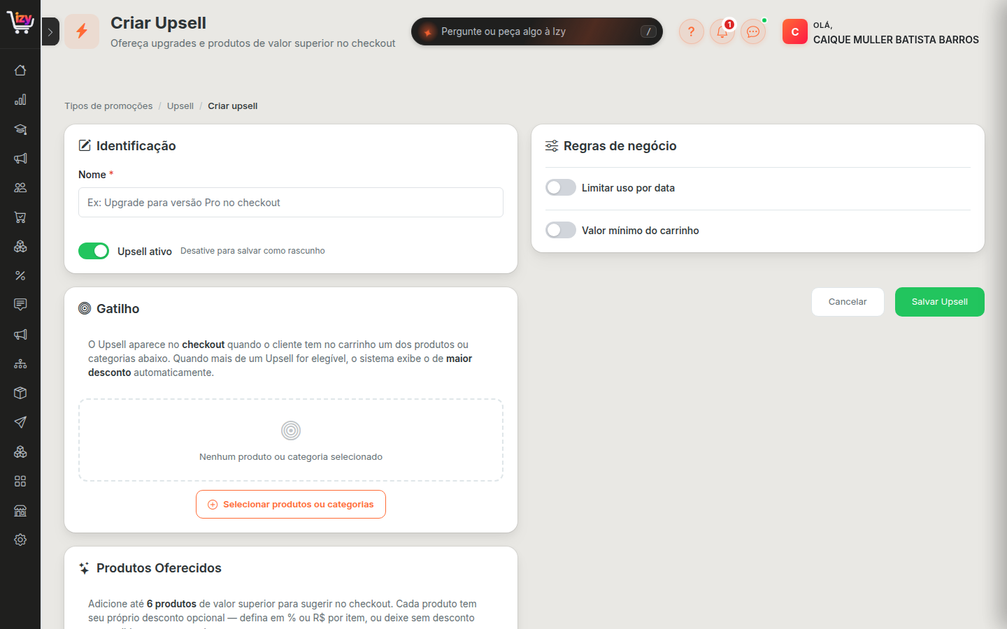 Formulário de criação do Upsell
