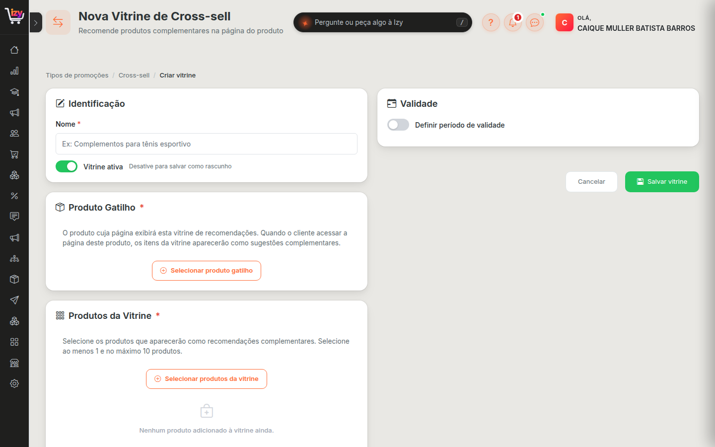 Formulário de criação da vitrine de Cross-sell