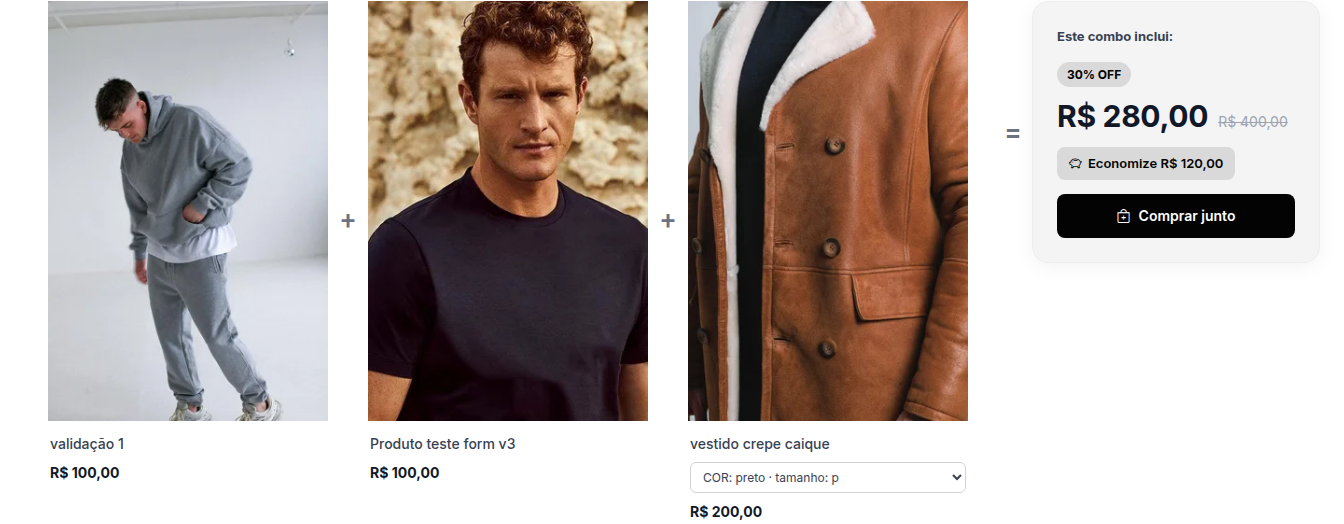 Combo na página do produto: três itens somados, 30% de desconto e o botão Comprar junto