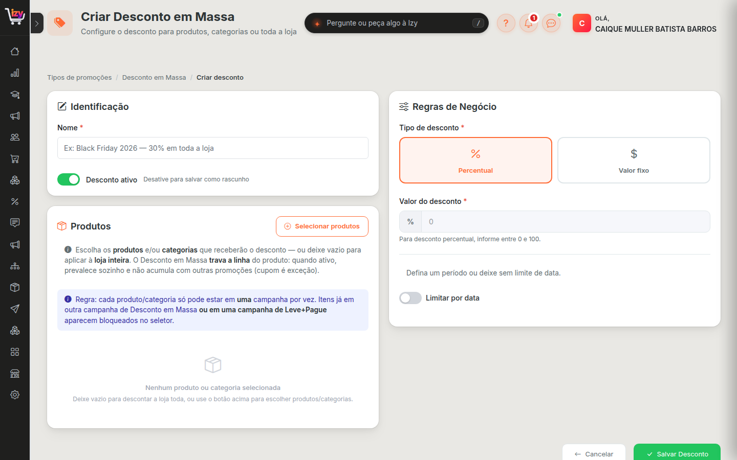 Formulário de criação de desconto em massa