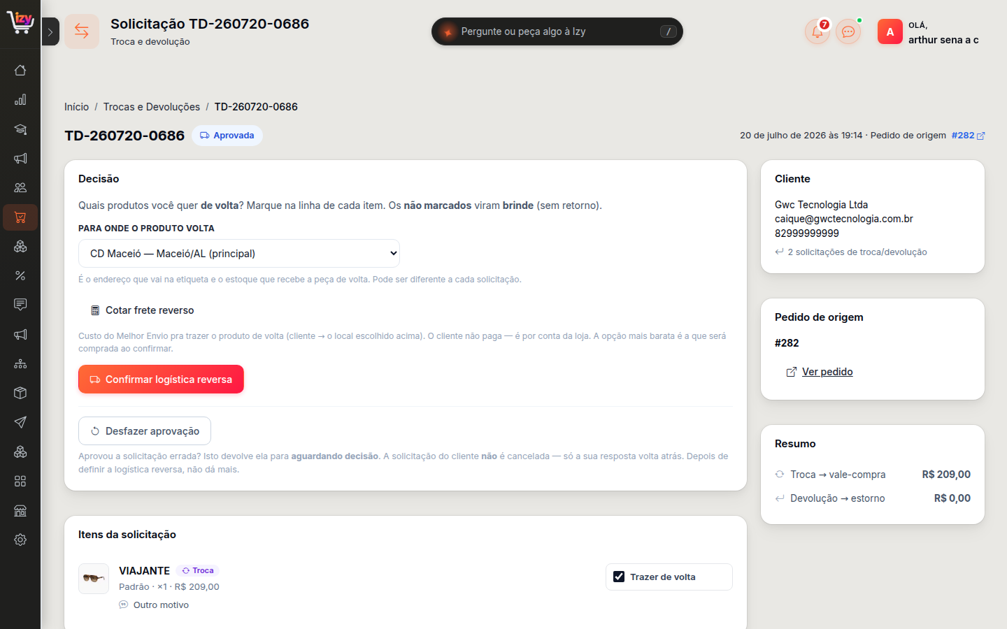 Detalhe da solicitação, com o card de decisão, a cotação do frete reverso e o resumo