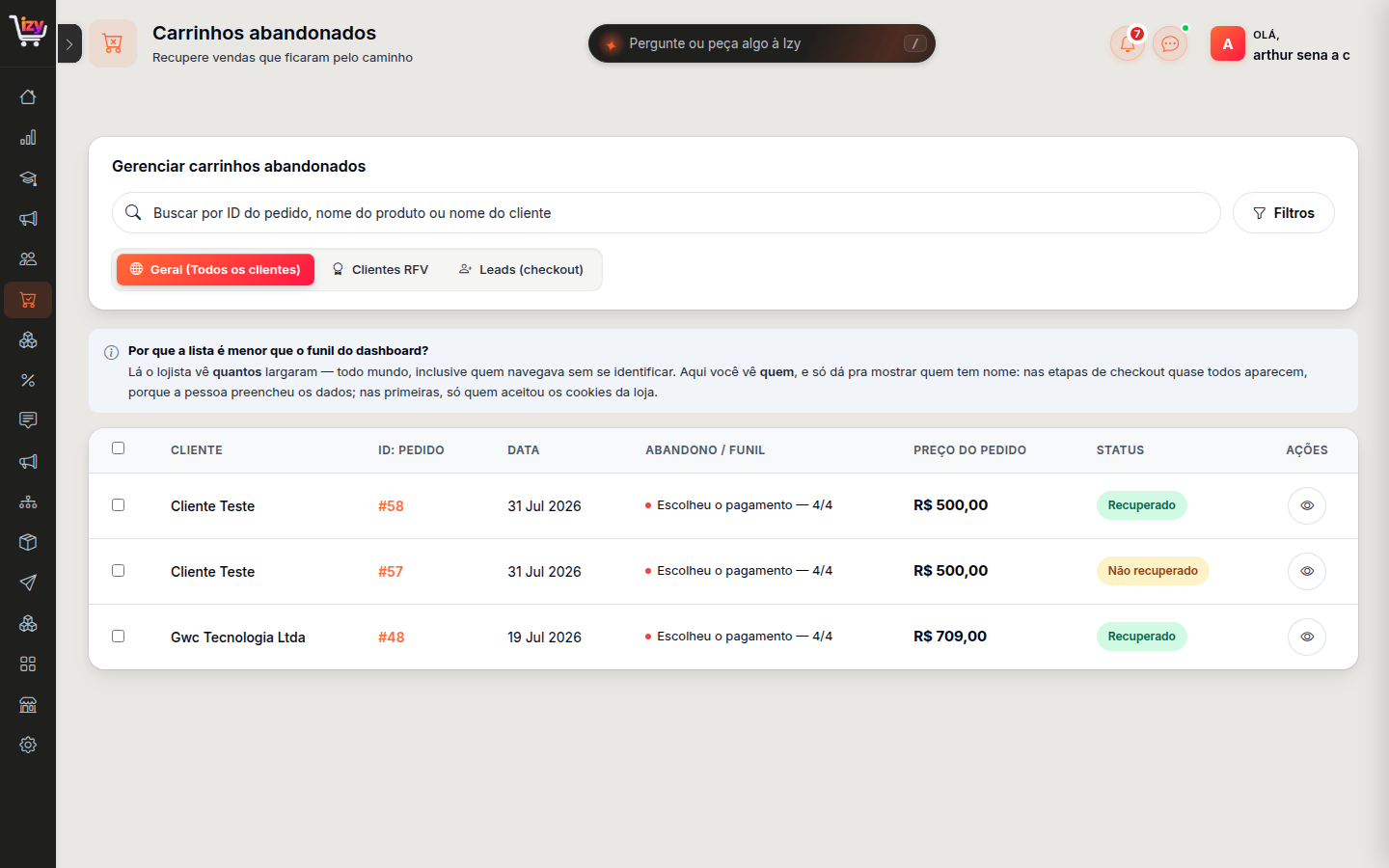 Lista de carrinhos abandonados, com as abas e a coluna de etapa do funil