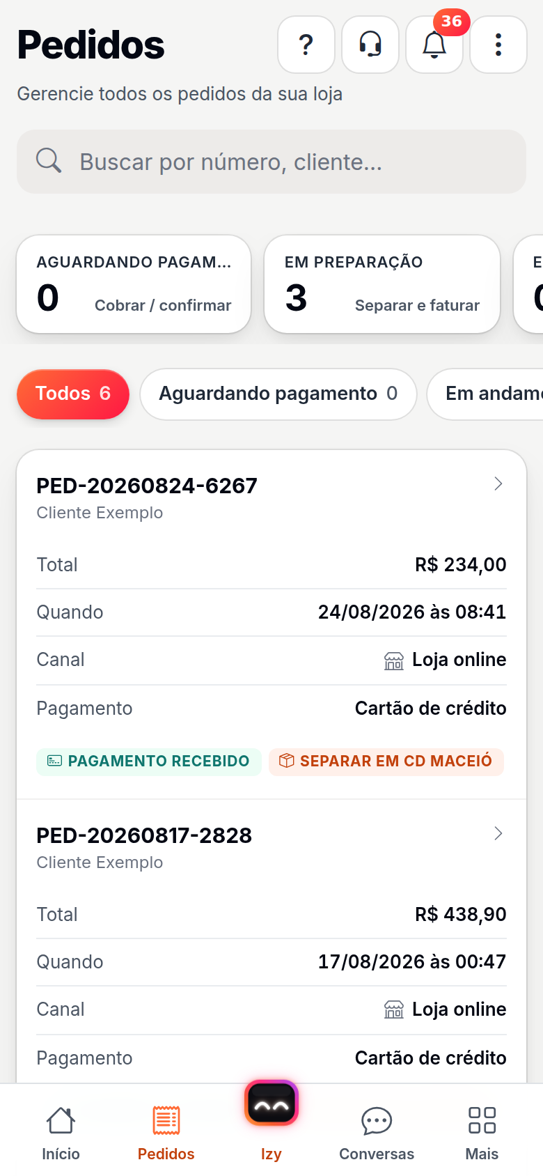 Lista de pedidos no celular: busca, indicadores, botões de status e os pedidos em cartões