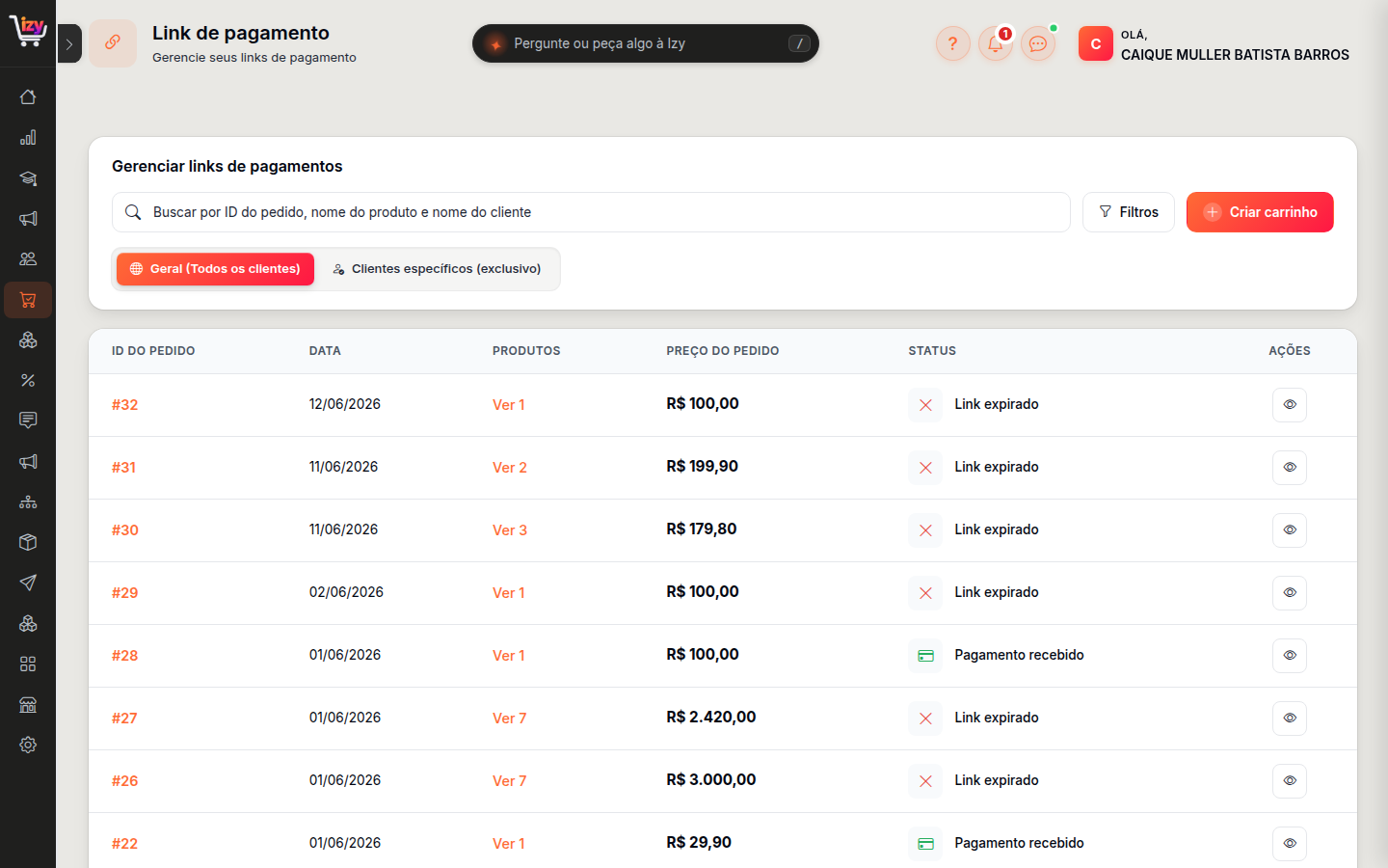 Lista de links de pagamento com o status de cada um